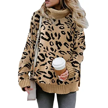 

Muyogrt Women Leopard Turtleneck Sweater Loose Fit Fashion Split Knit Sweater Autumn Winter Warm Pullover Female Casual Knitwear