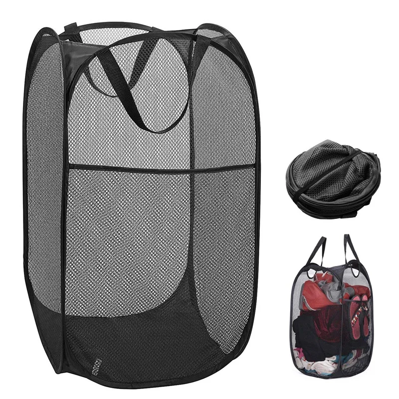 

Pop-Up Laundry Hamper Laundry Basket Bag With Side Pocket Mesh Clothes Handles Home Organize And Storage Sorter (Black)