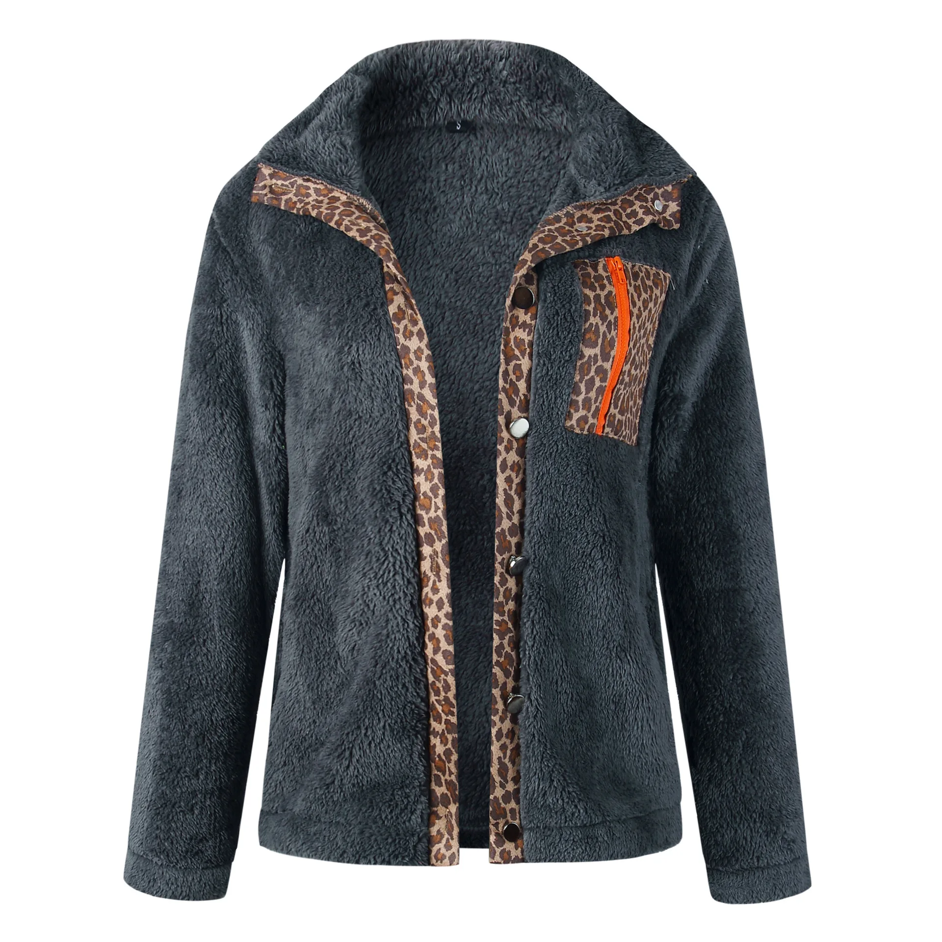 Greatest  Winter Warm Thick Pockets Patchwork Zipper Button Leopard Plush Cardigan Coat Grey Apricot Casual W