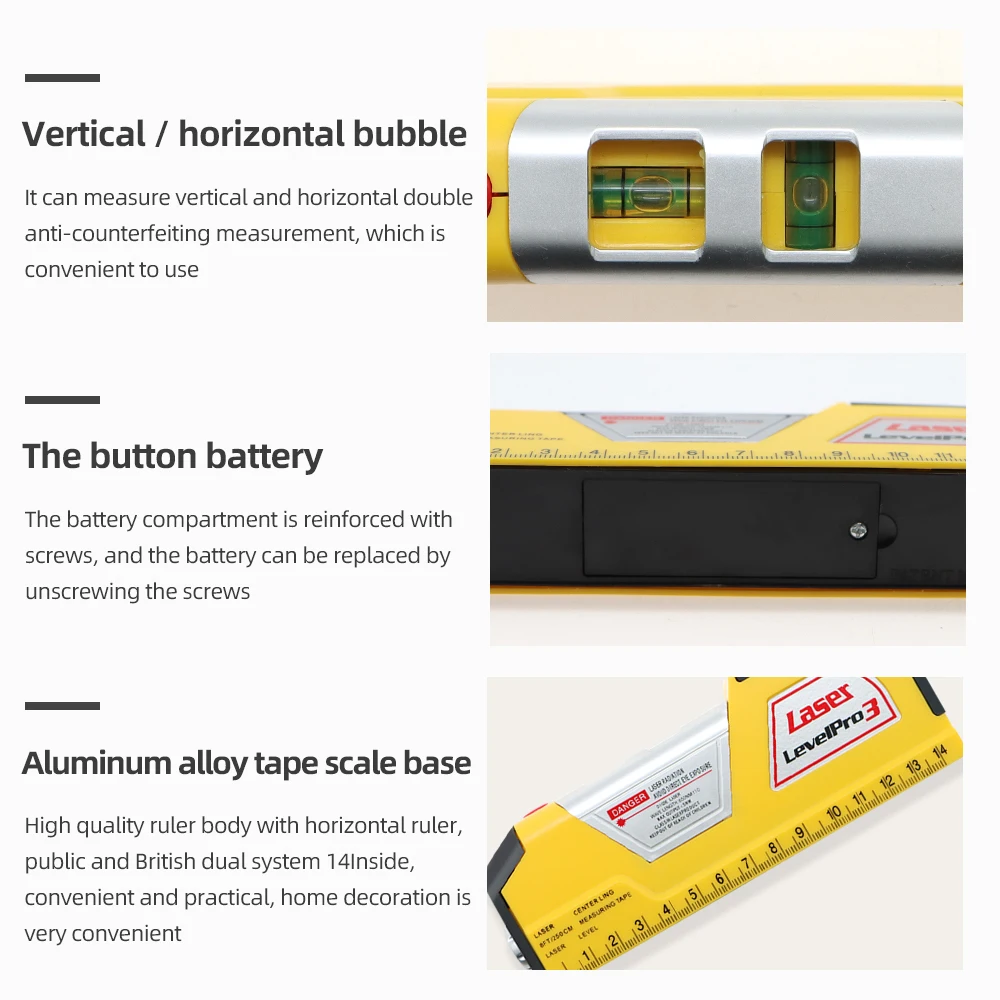 Laser level Meter Vertical & Horizontal Lasers Tape Aligner Bubbles Ruler,Repair Garden Building Indoors and Outdoors 3 in 1