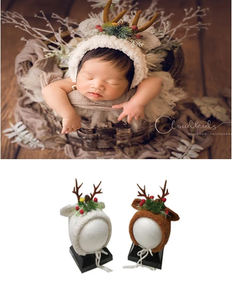 

Newborn Photography Props Christmas Hat Elk Theme Creative Fotografia Accessory Infant Toddler Studio Shoot Photo