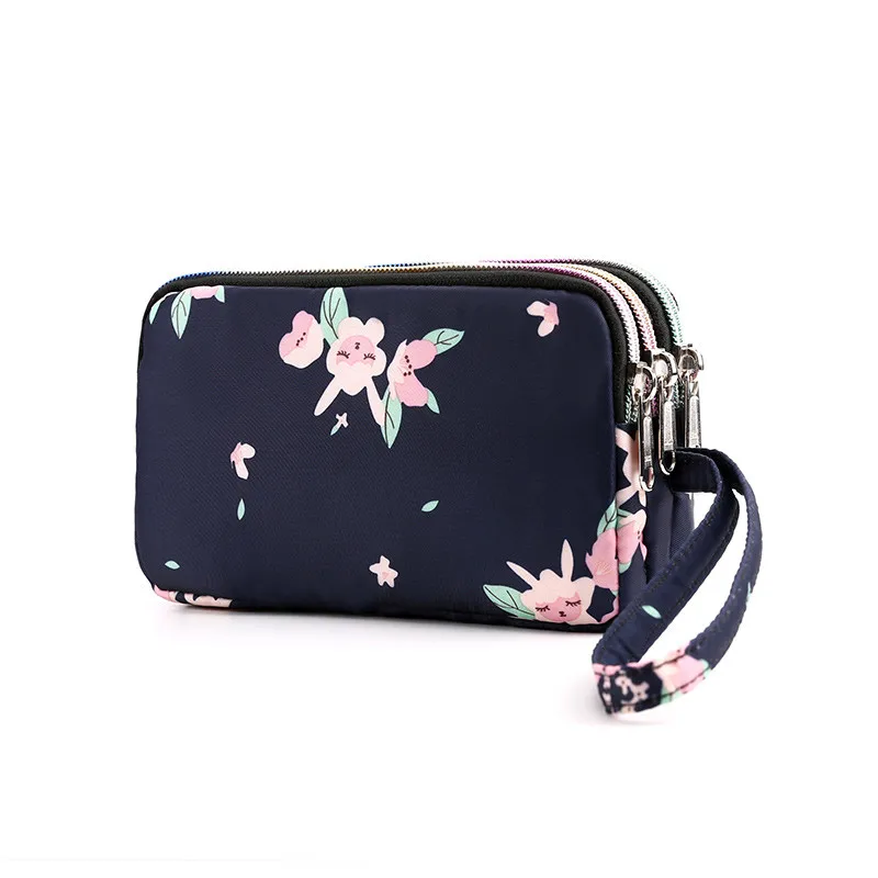 Pink flower Женский держатель для карт, сумка для телефона, цветочный длинный секционный клатч, ежедневный вместительный бумажник, модная повседневная тряпичная Сумочка, 3 слоя, на молнии - Цвет: Pink flower