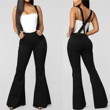 

Jean Femme High Waist Zip Boyfriend Jeans For Women Casual Loose Elastic Button Strap Pants Trousers Bell-Bottom Pants 2019 E17