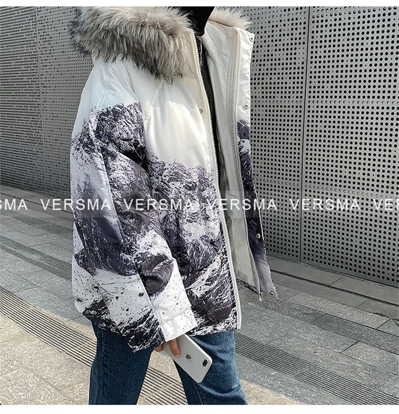 VERSNA Корейская Harajuku куртка с капюшоном и принтом Снежной Горы, пальто, мужские парки, зимняя уличная куртка в стиле хип-хоп с меховым воротником, Мужская ветровка