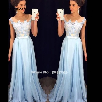 

SATONOAKI 2019 Elegant Light Sky Blue Prom Dresses Sheer Neck Cap Sleeves Appliqued Chiffon Floor Length Formal Evening Gowns