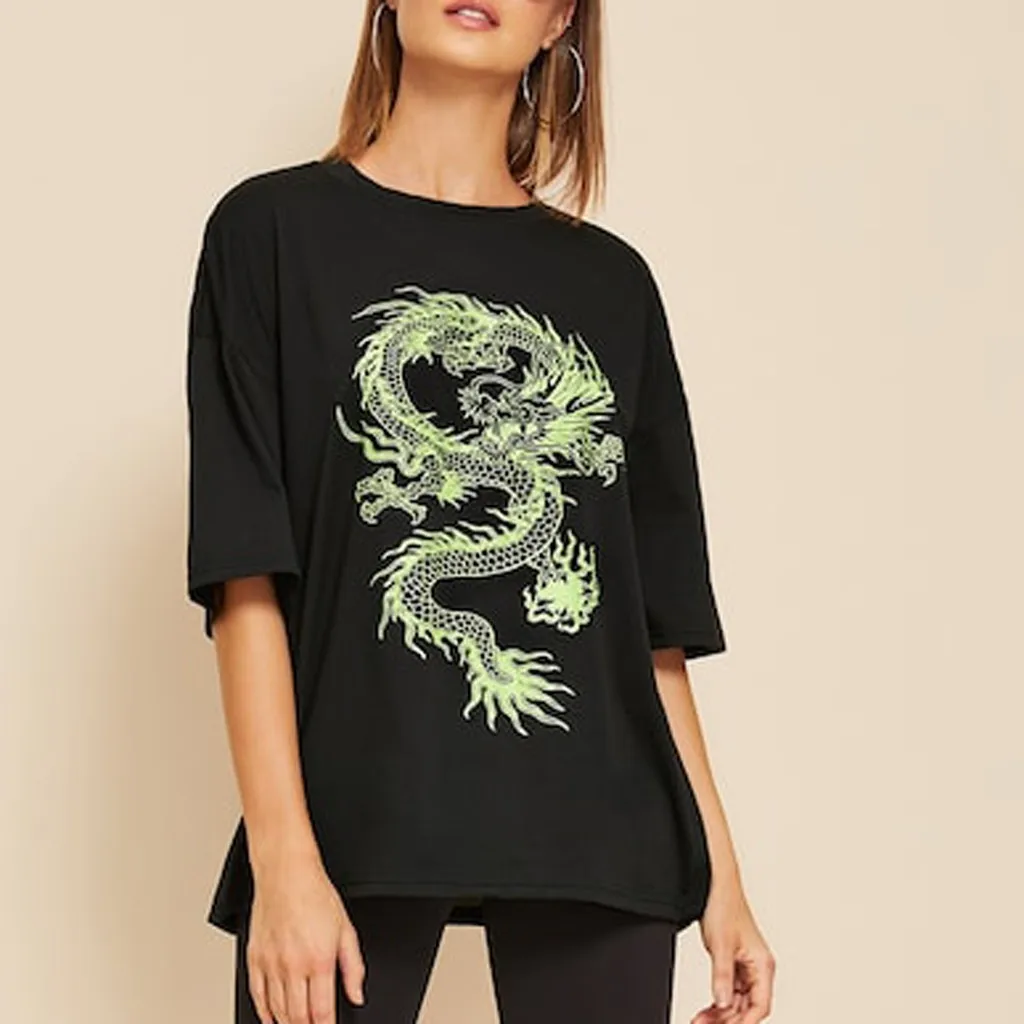 Винтажная футболка с драконом женская уличная одежда коротким рукавом принтом