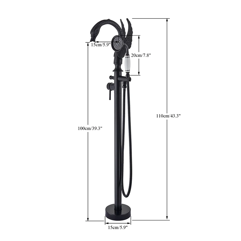 Swan shape Chrome  Floor Standing Bathtub Faucet  Bathroom Faucet Telephone Style Bathtub Tap 360° Rotation Ceramic Handle 5