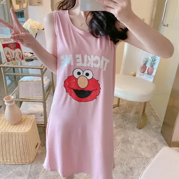 

Korean Version New Summer Sleeveless Sleepwear Ladies Vest Night Dress Milk Silk Printing Cute Cartoon Home Service Bata Mujer