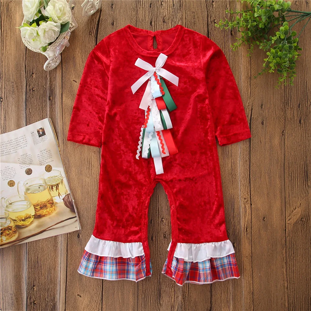 Baby Christmas Rompers Jumpsuits Kids Boy Girl Infant XMas Velvet Romper Jumpsuit Long Sleeve Flared Playsuit Outfit Hot