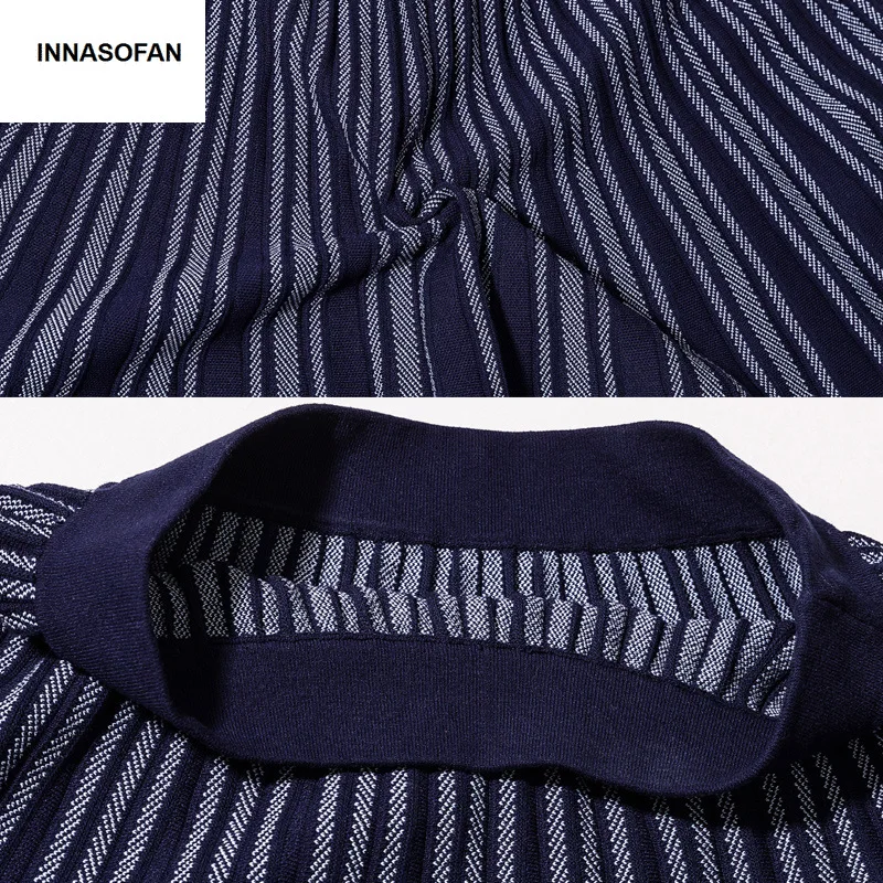 INNASOFAN knitted mini skirt Women's Autumn-winter pleated striped high waist skirt Fashionable high-end chic skirt