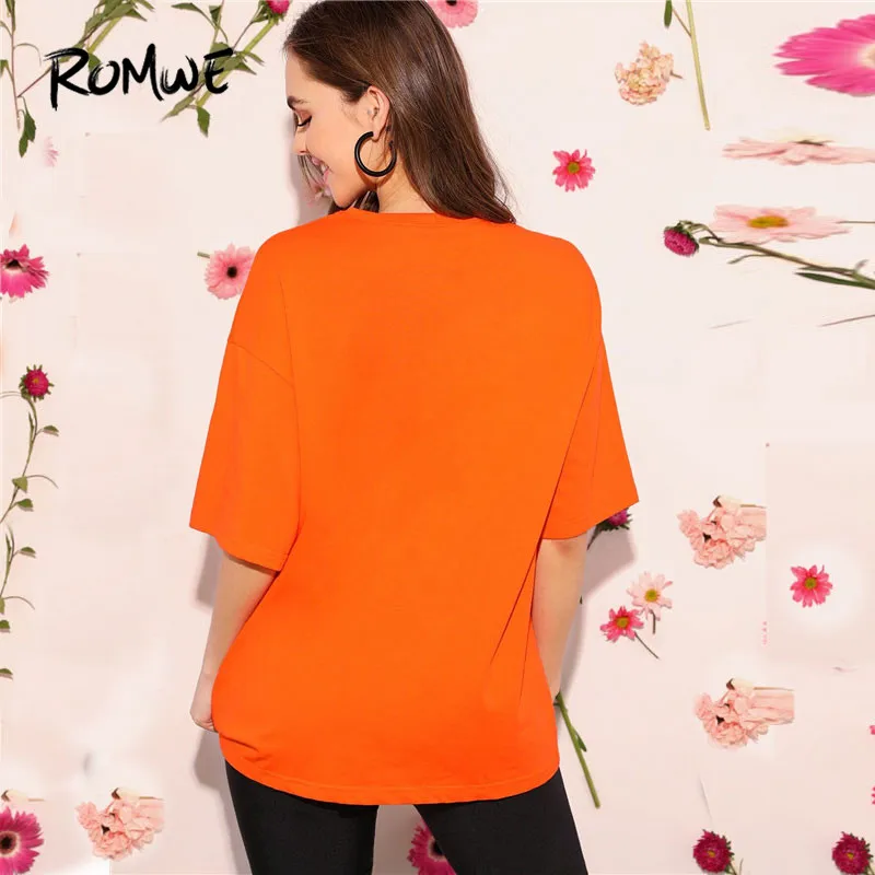 ROMWE Досуг Drop Shoulder лозунг футболка женская с коротким рукавом черная футболка длинные топы Летняя Повседневная Женская одежда с круглым вырезом