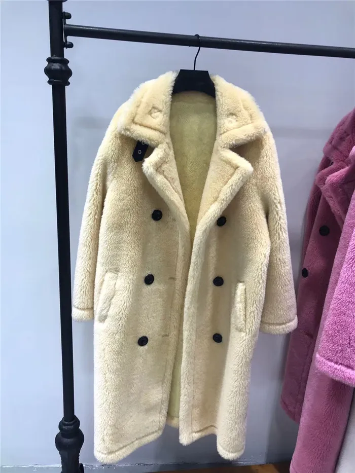 Зимнее плюшевое пальто для женщин, двусторонняя Меховая куртка, замшевая подкладка, натуральный овечий мех, длинное женское пальто