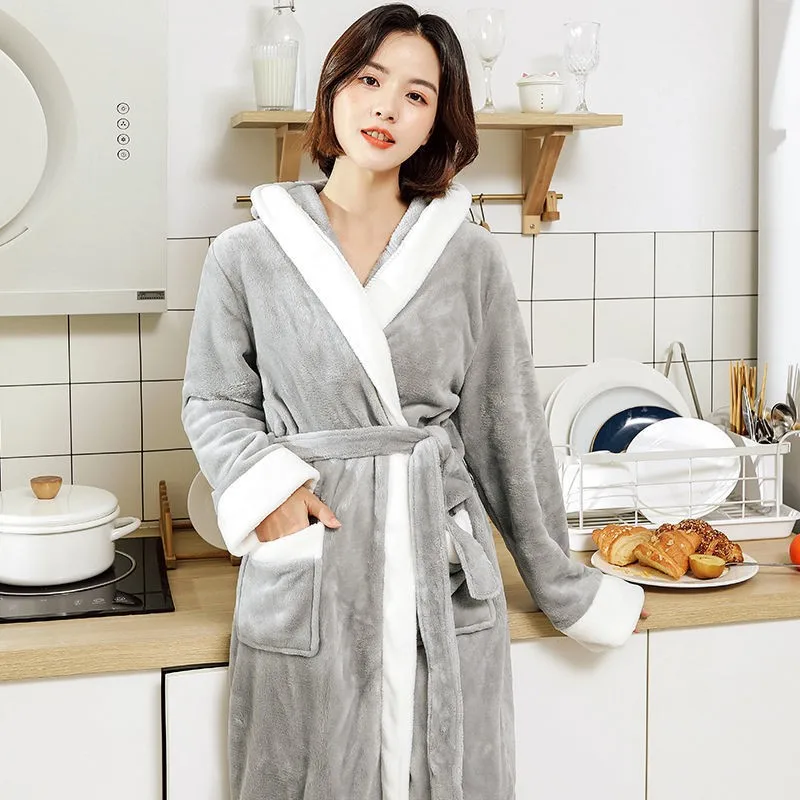 

Winter Kimono Robe Gown With Pocket Flannel Autumn Warm Bathrobe Soft Loungewear Casual Women Plush Sleepwear Comfy Lingerie