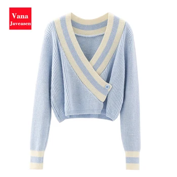 

Cross-type V-neck Cropped Knitted Tops Office Ladies Sweater Striped Edge Single Button Cardigans Sweater Loose Sexy Cardigan