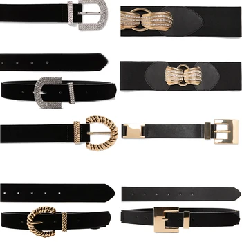 

ZA Women's Black Leather Western Cowgirl Belt Metal Buckle Belt Light Luxury Design Fashion Perforated Belt