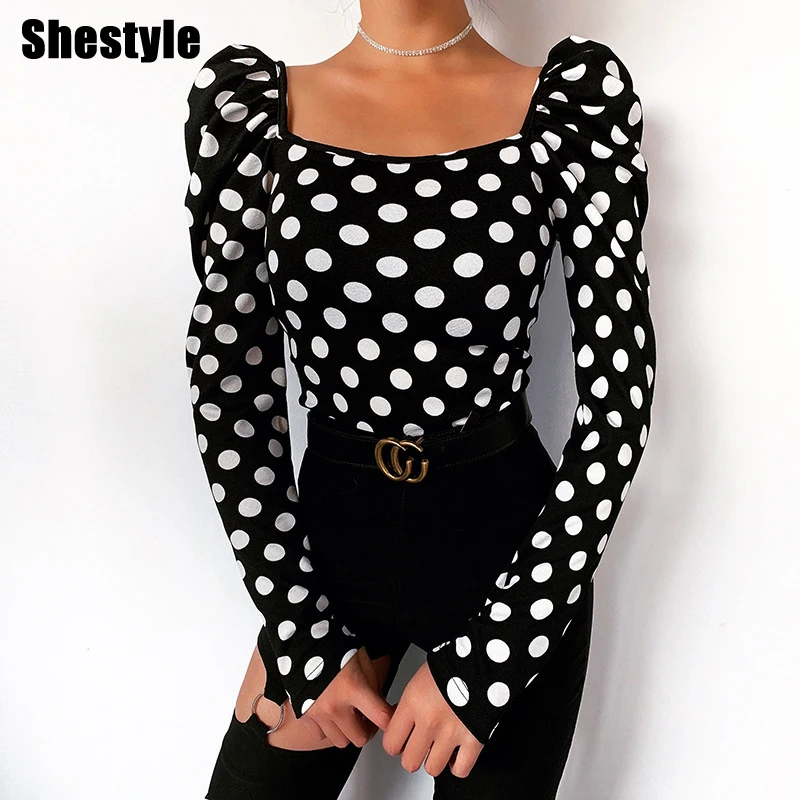 Женская винтажная блузка в горошек с квадратным вырезом Shestyle модная офисная