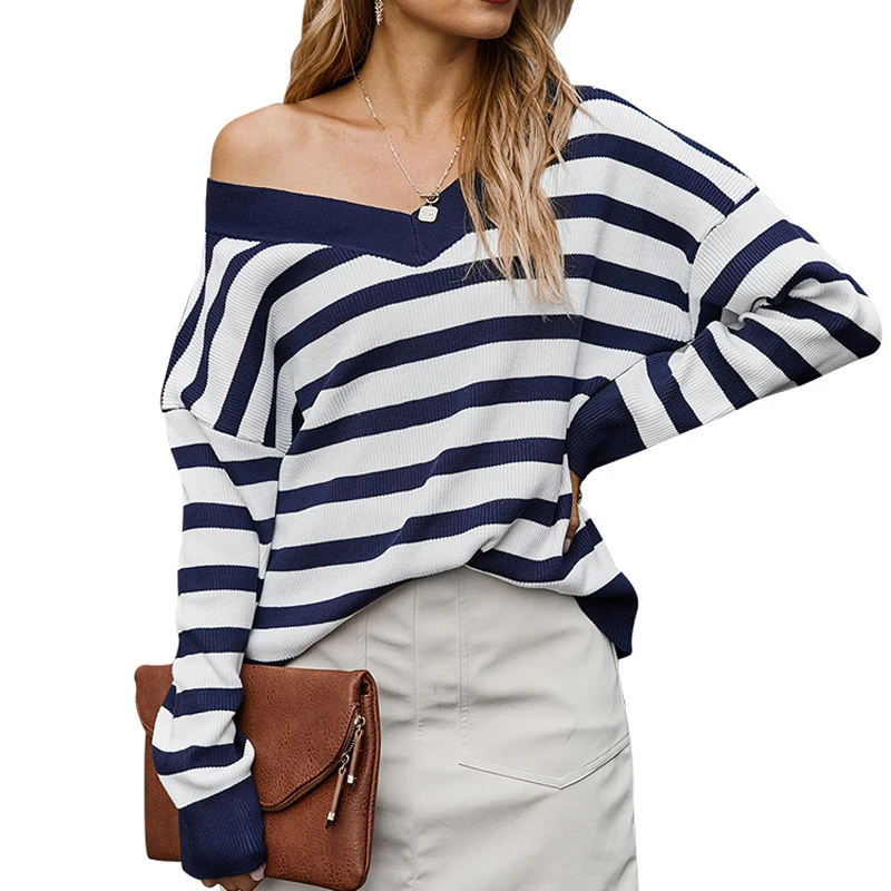 2020 Autumn V Neck Sweater Women Long Batwing Sleeve Loose Knitted Tops Winter Striped Elegant Pullover Jumpers Fashion | Женская одежда