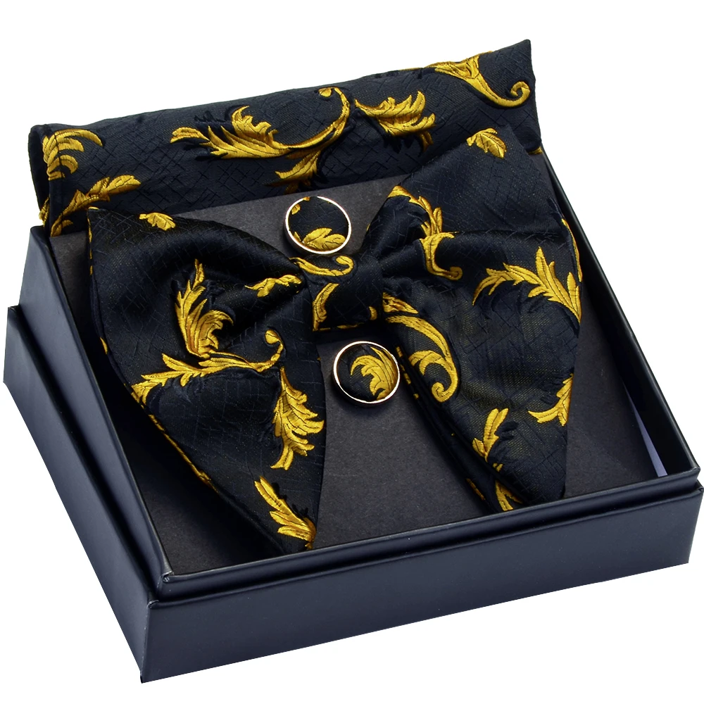 Fashion Silk Big Bowtie Handkerchief Cufflinks Set Bule Black Paisley Floral Jacquard Hanky Bow Ties For Men Business With Box