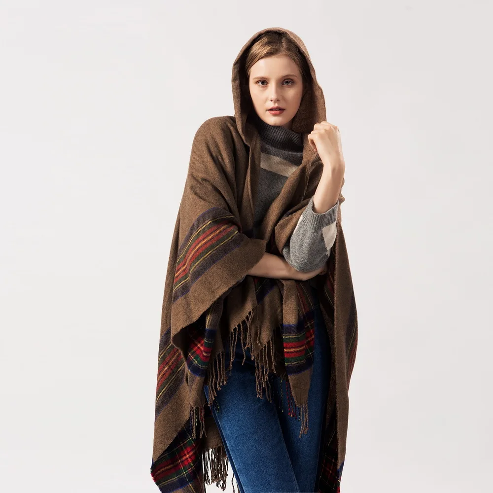 

Stripe Tassel Asymmetric Women's Hooded Cape 2019 Autumn Winter Ladies Fringe Poncho Oblique Stripe Coat Bohemian Shawl Scarf