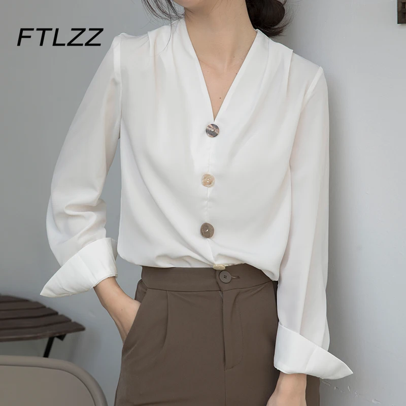 New Spring Autumn Chiffon Blouse Women Fashion V Neck Long Sleeve Elegant Office Shirts Ladies Korean Button Up Casual Tops | Женская