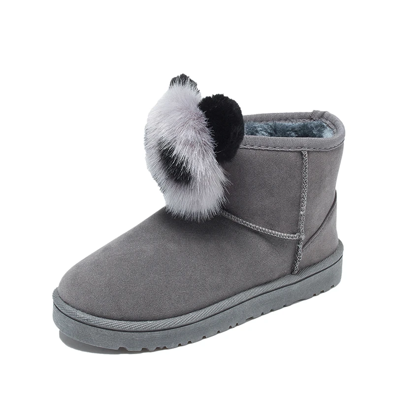 Зимние женские зимние ботинки; женские Теплые ботильоны на плоской подошве с рисунком; женская обувь из флока с круглым носком и медвежонком; zapatos de mujer - Цвет: Gray