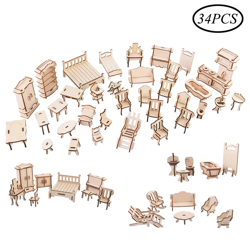 Children 3D Wooden Puzzle DIY Mini Furniture Building Model Toys 1:12 Doll House Accessories Educational Toys For Children 34PCS Children 3D Wooden Puzzle DIY Mini Furniture Building Model Toys 1:12 Doll House Accessories Educational Toys For Children 34PCS