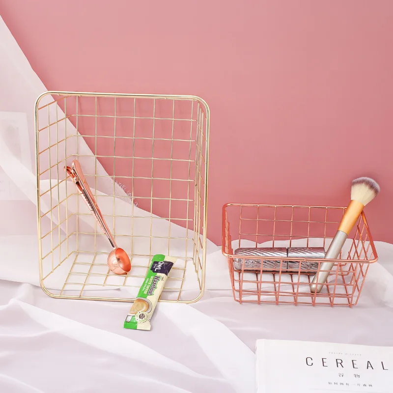 

Rose Gold Iron Art Nordic Makeup Organizer Basket Home Storage Bathroom basket Dressing Table Makeup Cosmetic Organizer Box