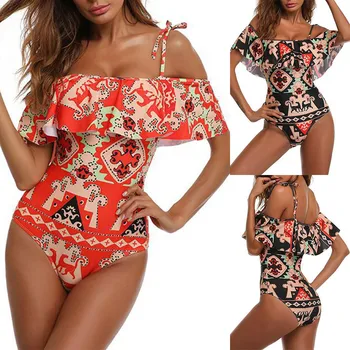 

Women Plus Size slash sleeve one piece Ruffle Swimwear Swimuit Female Retro Bikini Set Brazilian Micro Vintage Bikinis #C