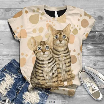 

2020 Plus Size Women Short Sleeve 3D Kitty Cat Printed O-Neck Tops Tee T-Shirt Blusas