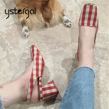 

Ystergal Plaid Women Pumps Metal Toe Chunky High Heels Slingback Ladies Summer Sandals Dress Shoes Woman Stiletto Zapatos Mujer