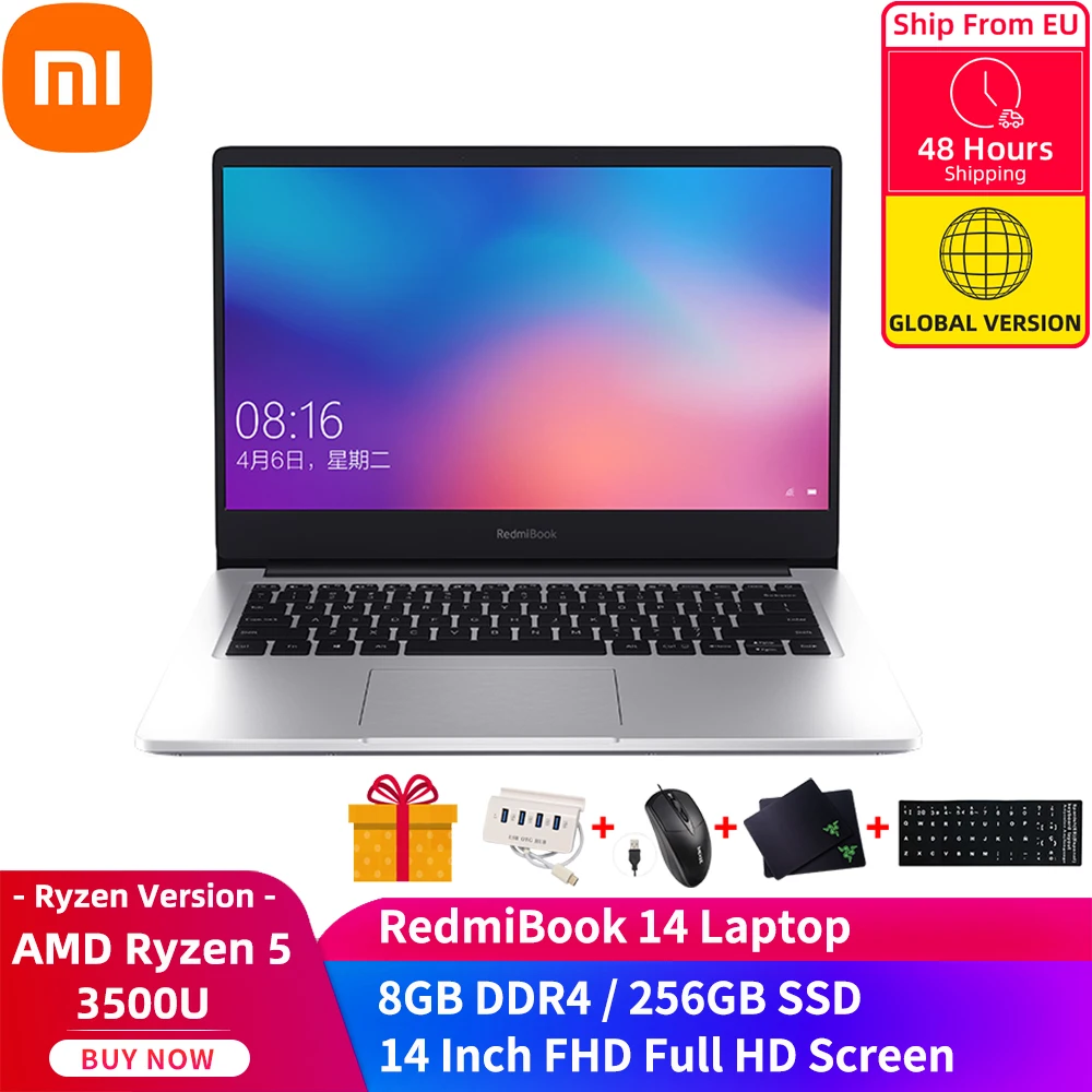 Xiaomi-ordenador portátil RedmiBook de 14 pulgadas, computadora con procesador AMD Ryzen 5 3500U, 8GB de RAM, 256GB SSD, Windows 10, ultrafino
