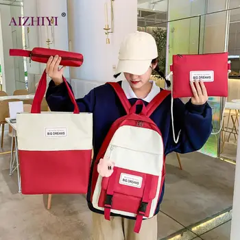 

4pcs/set Hit Color Women Backpack Teenager Girls Casual Canvas Shoulder Bags Female Simple Large Messenger Clutch Pen Bag Set