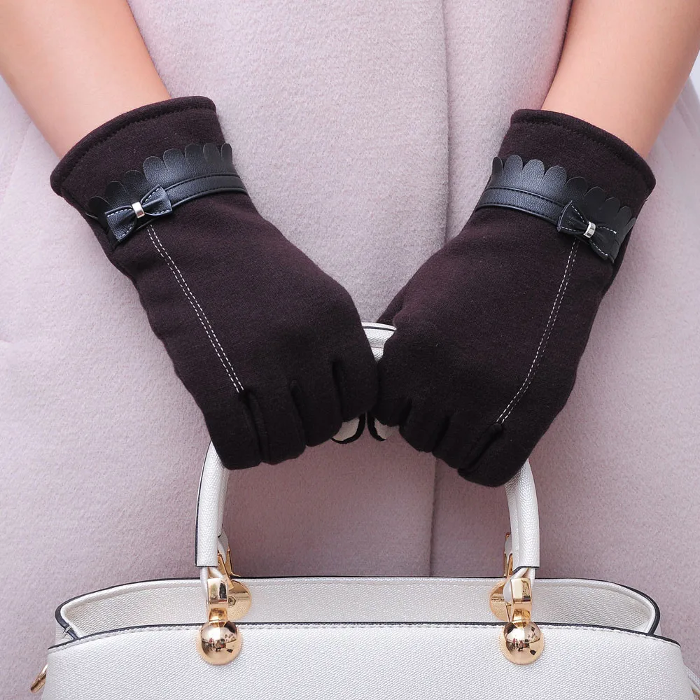 Зимние Модные женские теплые перчатки с бантом, варежки, перчатки с сенсорным экраном, теплые вязаные рукавицы - Цвет: Coffee