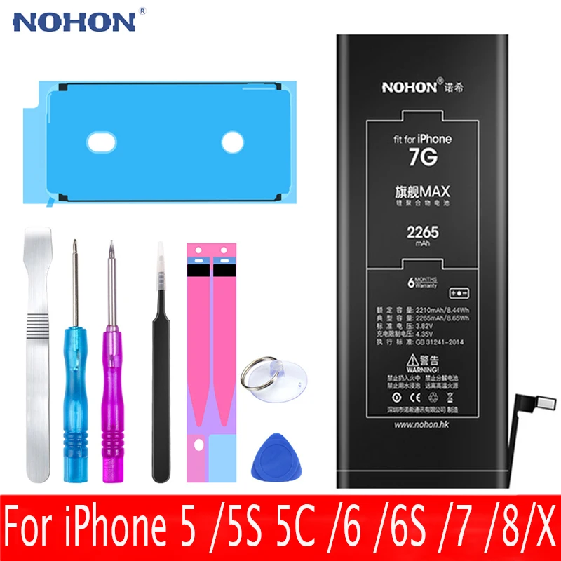 NOHON телефон батарея для iPhone 5 5S 5C 6 6S 7 8 X iPhone8 iPhone7 Высокая емкость Замена литий-полимерная батарея+ Бесплатные инструменты
