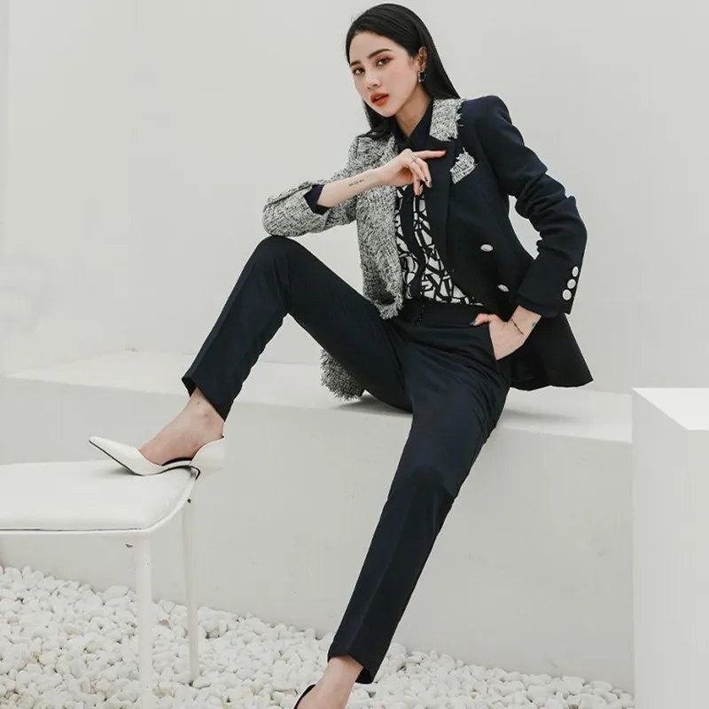 

ZAWFL 2020 Autumn Lady Office Formal Two Piece Set Women Suit Double Breated Tweed Patchwork Blazer Slim Flare Pants Set