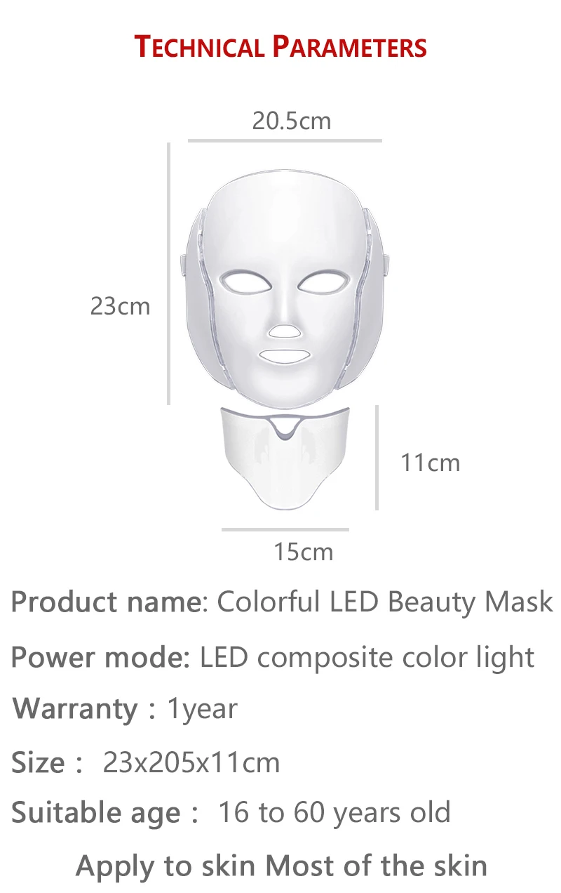 Светодиодная маска для лица, 7 цветов, светодиодная Корейская фотонная терапия, маска для лица, машинный светильник, терапия акне, маска для шеи, красивая светодиодная маска