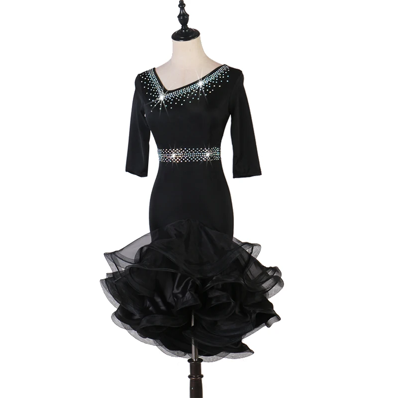 Черные привлекательные платья для латино-американских танцев женские костюмы для выступлений сальсы румбы ча танго