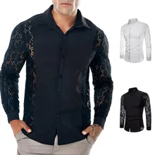 Для мужчин осень Повседневное кружевные рубашки для мальчиков рубашка с длинными рукавами рубашка без рукавов блуза Топ Новая мода Повседневное базовый воротник мужской льняная блузка