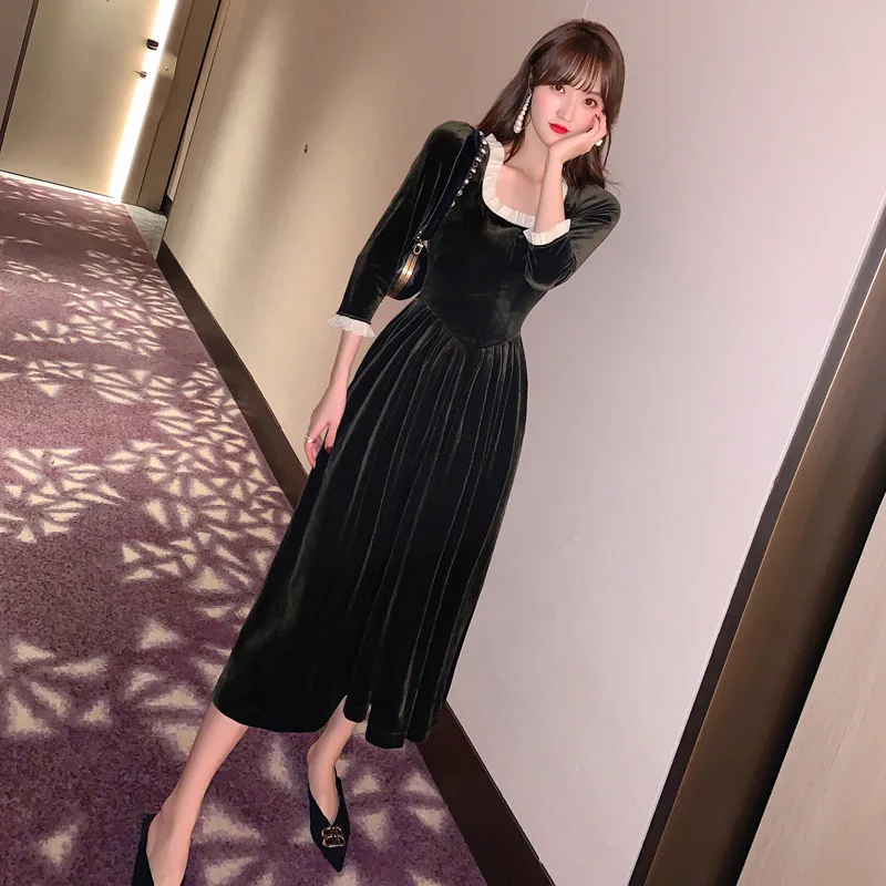 

2020 autumn new Japanese women's square collar high waist slim dress Sheath Office Lady Knee-Length V-Neck