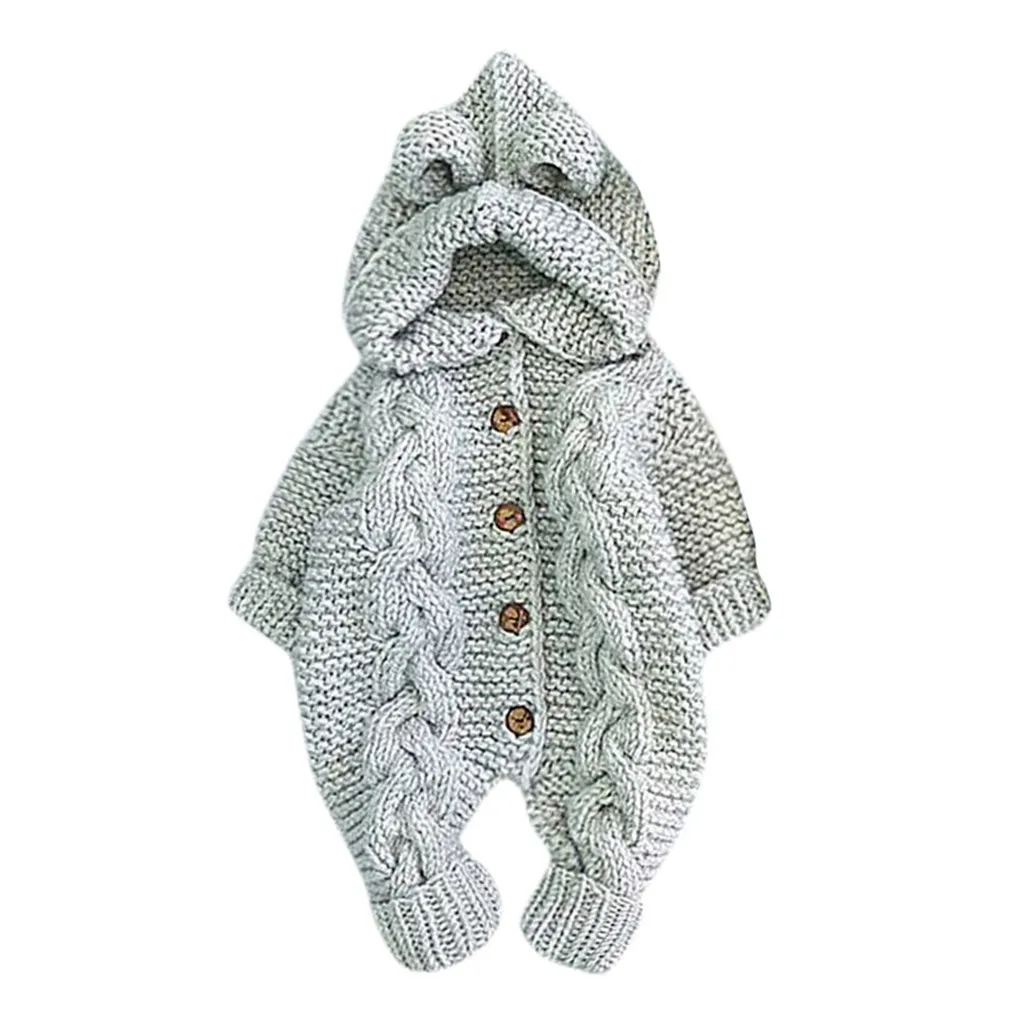 Зимнее теплое пальто для новорожденных девочек и мальчиков трикотажная верхняя одежда, комбинезон с капюшоном, качественный Рождественский трикотажный комбинезон с длинными рукавами для малышей - Цвет: Gray