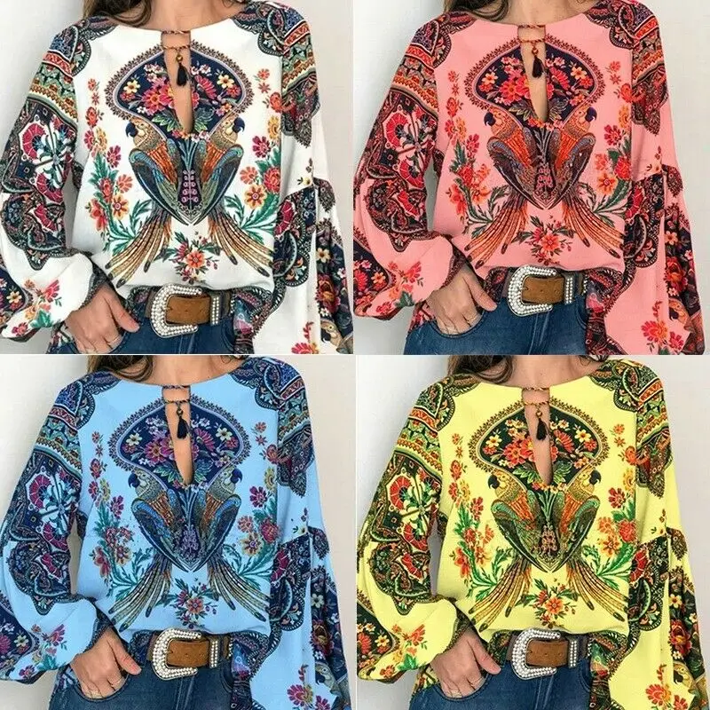 Boho Женская летняя Цветочная рубашка, топы, v-образный вырез, фонарь, длинный рукав, блузка, туника, цыганская Пляжная футболка, Лот