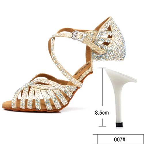 WUXIJIAO/туфли для латинских танцев; женские туфли на высоком каблуке; черные Серебристые золотистые блестящие удобные туфли для сальсы; вечерние туфли для сальсы - Цвет: gold heel 8.5cm