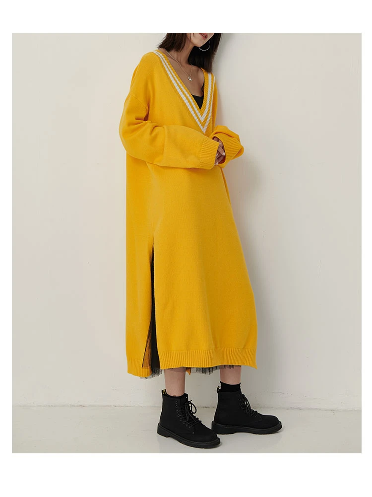 [YaLee] Новая мода осень зима простое v-образным вырезом с длинным рукавом с разрезом по бокам Длинное свободное акриловое вязаное платье для женщин N354