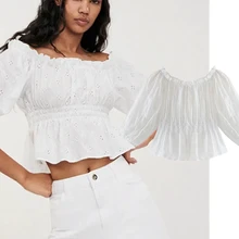 

Withered Summer Beach Blouse Women England High Street Embroidery Hollow out Indie Folk Slash Neck Casual Sexy Short Shirt Women