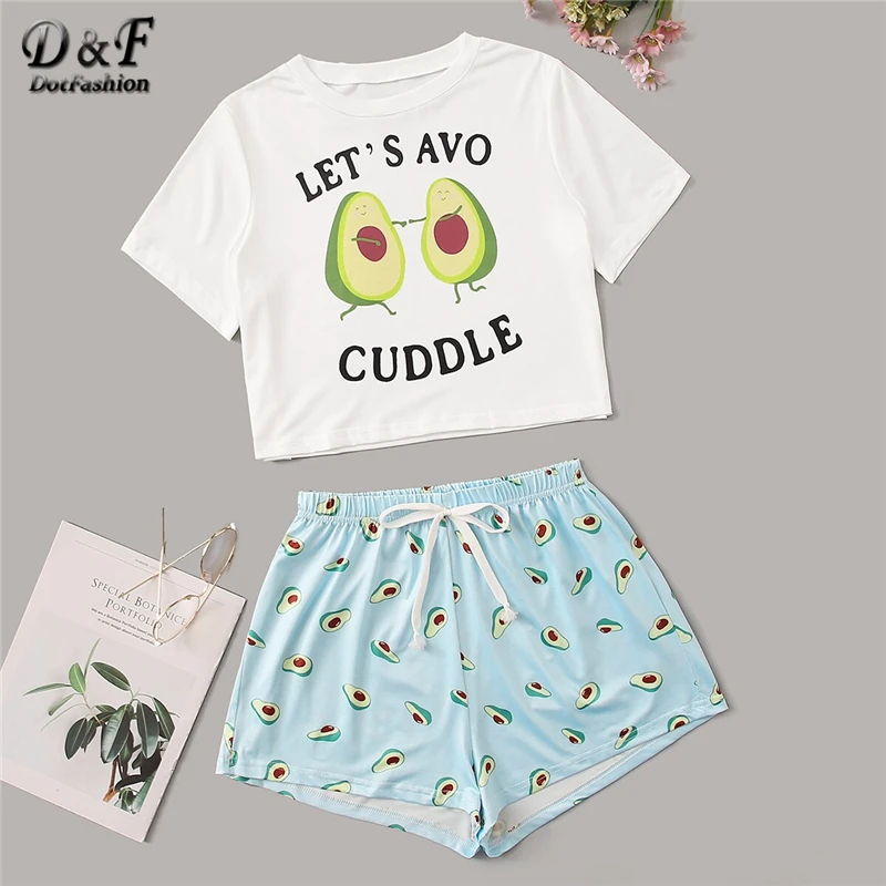 

Dotfashion Round Neck Print Cartoon Print Top And Bow Front Shorts Pajama Set Women 2020 Summer Short Sleeve Casual Pajama Sets