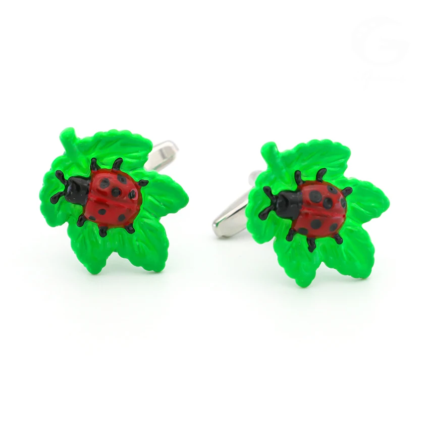 

Insect Design Ladybug & Green Leaf Cufflinks For Men Quality Brass Material Red Color Cuff Links Wholesale&retail