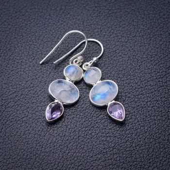 

StarGems Natural Rainbow Moonstone And Amethyst Handmade 925 Sterling Silver Earrings 1.5" E0715