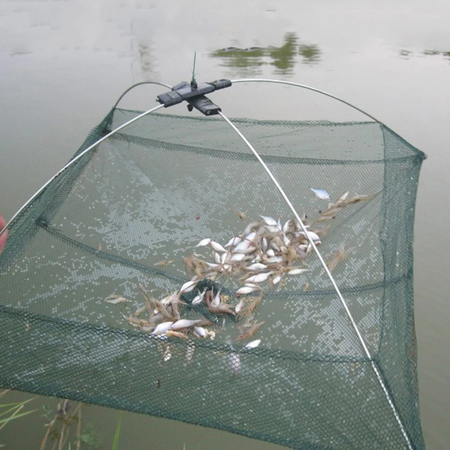 Fishing Net 60cm 80cm Portable Fishing Net Foldable Folding Mesh Nylon Fishing Net Landing Baits Trap Cast Dip Crab Shrimp Nets Catch Fish