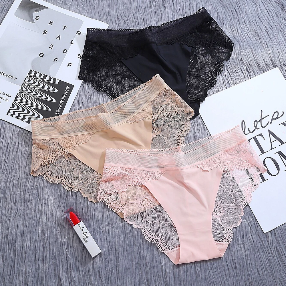 

3Pcs/Lot Lace Women's Panties Sets Ice Silk Seamless Underwear Female Transparent Briefs Mid-Rise Lady Panty Woman Lingerie
