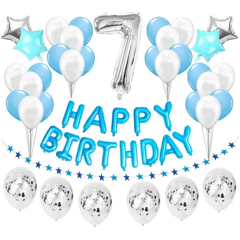 7 birthday 36 шт., серебристые, синие, праздничные украшения для дня рождения, Детские воздушные шары, набор для маленьких мальчиков, баллон, латексный, гелиевый воздух, воздушный шар из фольги, номер 1, 2, 5 - Цвет: 7 birthday